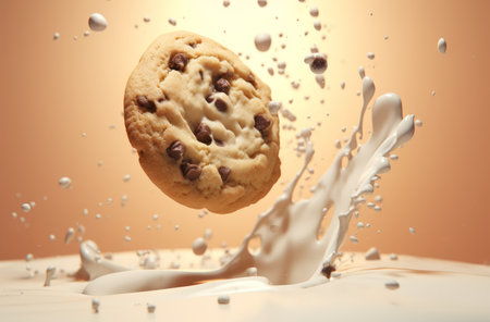 chocolate chip cookie falling into milk splash on orange background with copy spaceの素材