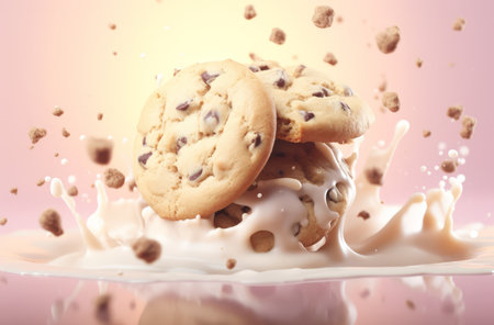 Chocolate chip cookies falling into milk with splashes on pink backgroundの素材