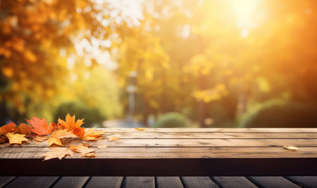 Wooden table with autumn leaves on bokeh background. Mock upの素材
