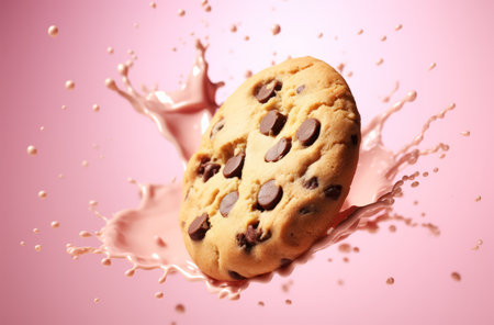 Chocolate chip cookie with milk splash on pink background, closeupの素材