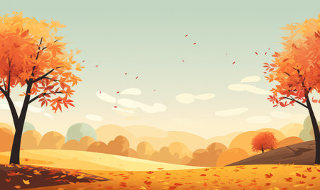 Autumn landscape with falling leaves. Vector illustration in cartoon style.の素材
