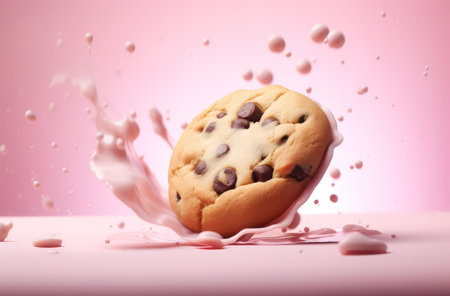 Chocolate chip cookie with milk splash on pink background. 3d illustrationの素材