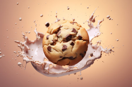Chocolate chip cookie with milk splash, isolated on orange background.の素材