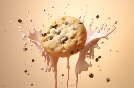 Chocolate chip cookie and milk splash on beige background. Copy space.の素材