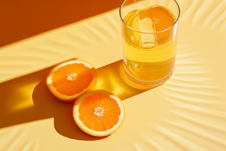 Glass of fresh orange juice and two halves of citrus fruit on yellow backgroundの素材