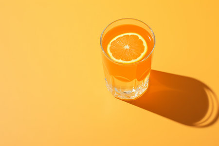 Glass of orange juice on yellow background, top view with copy spaceの素材