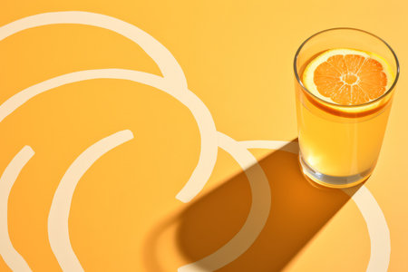 Orange juice in a glass on orange background. 3D illustration.の素材