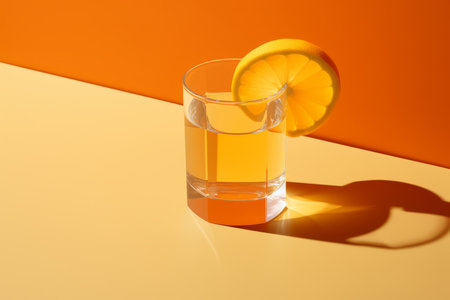 Glass of tequila with slice of lemon on yellow and orange backgroundの素材