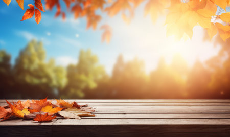 Wooden table with autumn leaves on blurred nature background. Mock upの素材