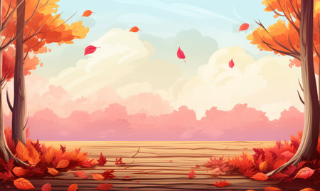 Autumn landscape with falling leaves and wooden board. Vector illustration.の素材