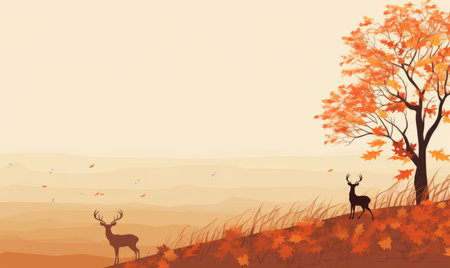 Autumn background with trees and deer silhouettes. Vector illustration.の素材