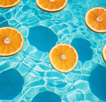 Orange slices floating in swimming pool. Summer background. Top view.の素材