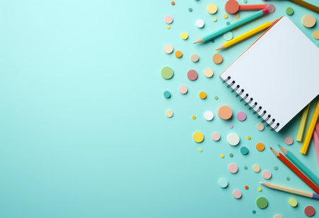 Top view of colorful pencils and notebook on blue background with copy spaceの素材