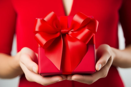 Woman's hands holding a red gift box with a red bow.の素材