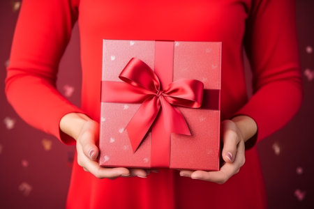 Female hands holding a gift box with a red bow on a red backgroundの素材