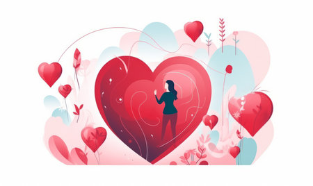 Vector illustration of Valentine's day greeting card with woman and hearts.の素材