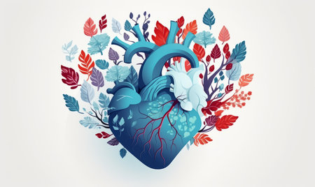 Vector illustration of human heart with leaves and birds. Medical and healthcare concept.の素材