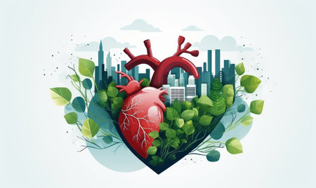 Vector illustration of human heart with green leaves and city skyline in the backgroundの素材