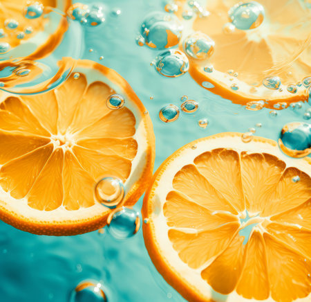 Slices of lemon and orange in water with bubbles, close upの素材