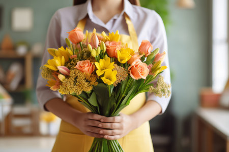 Female florist holding beautiful bouquet in flower shop, closeupの素材