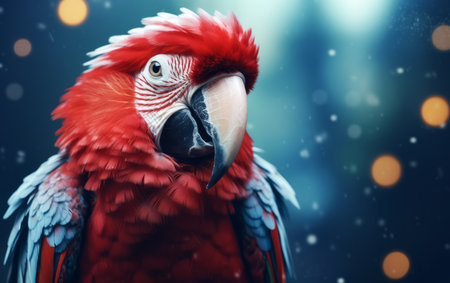 beautiful red macaw parrot on dark background with bokehの素材