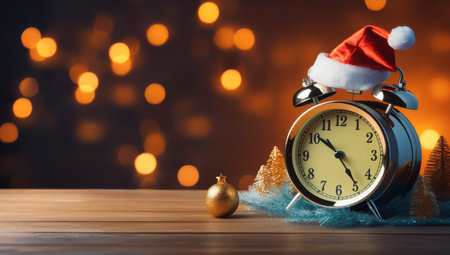 Alarm clock with christmas decoration on wooden table and bokeh backgroundの素材
