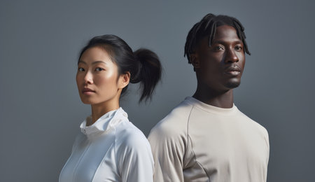 Fashion portrait of two african american and asian models on grey backgroundの素材