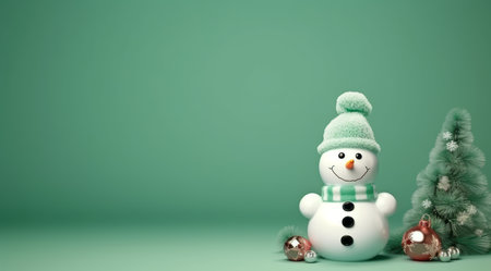 Snowman with christmas tree on green background. 3d renderingの素材