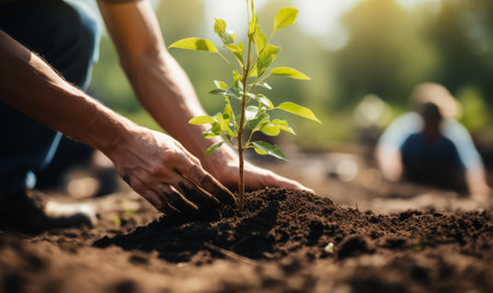 Close up of young man planting a tree on fertile soil in the gardenの素材