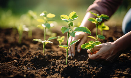 Young plant seedling growing on fertile soil. Concept of agriculture and cultivationの素材