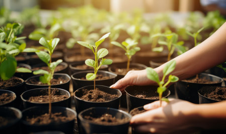 Hands of a young woman holding a seedling in a pot. Selective focus.の素材