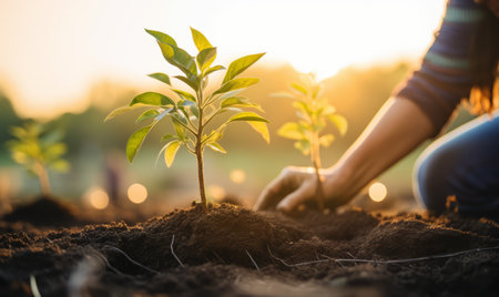 Woman hand planting tree on fertile soil with sunlight background. Earth day concept.の素材