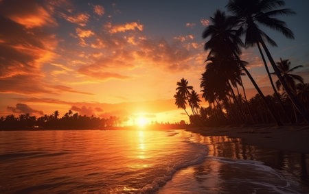 Tropical beach at beautiful sunset with palm tree silhouettes.の素材