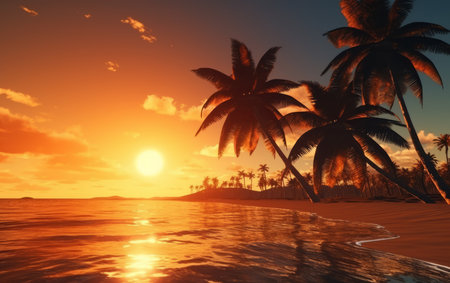 Tropical beach with palm trees at sunset. 3d renderの素材