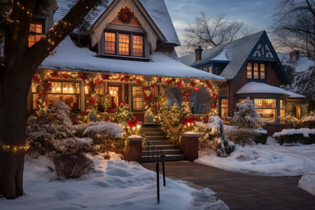 Beautiful house decorated for Christmas and New Year celebration in winter.の素材
