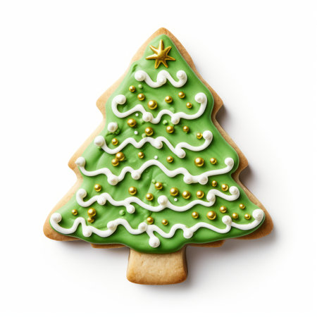 Christmas tree shaped cookie isolated on white background. Top view. Flat lay.の素材