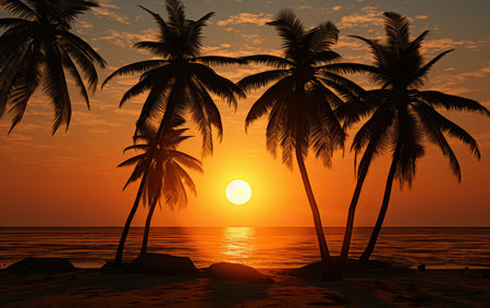 Silhouette of palm trees on the beach at sunset. 3d renderの素材