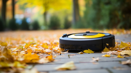 Robotic vacuum cleaner cleaning fallen leaves in autumn park, closeupの素材
