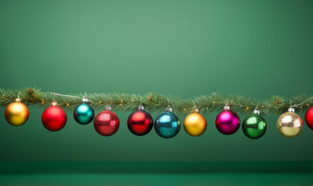 Christmas tree branch with colorful baubles on a green background.の素材