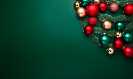 Christmas background with fir branches, red and green balls and copy spaceの素材