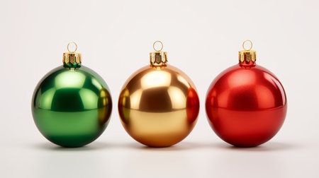 Three red and gold Christmas baubles on a white background.の素材