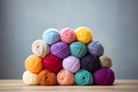 colorful wool yarn balls on wooden table in front of blue backgroundの素材