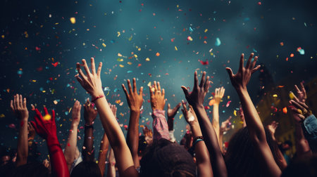 Crowd cheering with hands raised at a music festival in the cityの素材