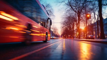 Bus on the street in the evening. Motion blur. Blurred background.の素材