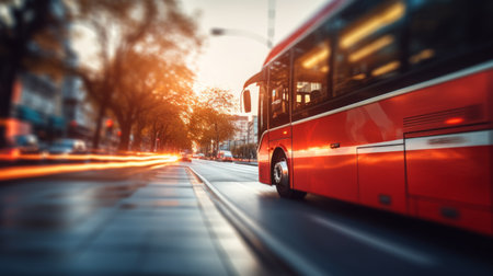 Red bus on the city street. Blurred background, tonedの素材