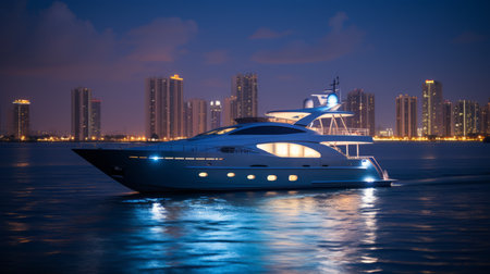 Luxury yacht in Dubai Marina at night, United Arab Emiratesの素材