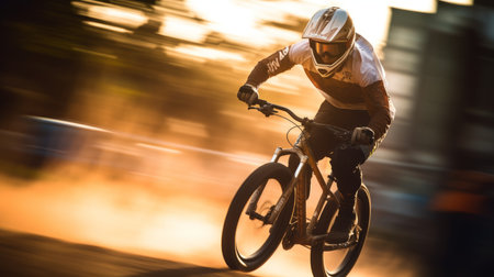 Mountain bike rider riding on the road with motion blur background.の素材