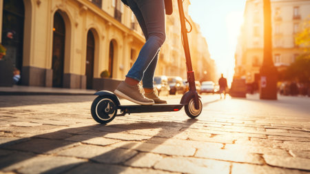 Close up of young woman riding on kick scooter in the cityの素材