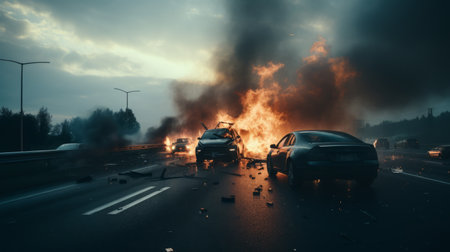car collision on the road with a lot of smoke and flames.の素材