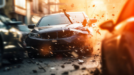 Car accident on the road. Accident in the city. Shallow depth of fieldの素材